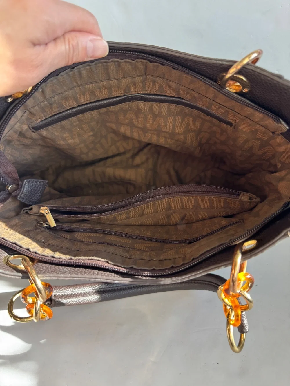 MKF Collection Mia K Rylee Signature Tote Bag Brown Monogram Logo Gold Chain